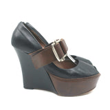 Marni Buckled Wedge Pumps Black & Brown Leather Size 38 Peep Toe Heels