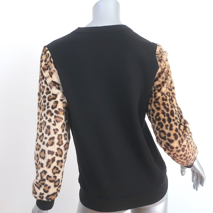 Dries Van Noten Leopard Faux Fur Sleeve Sweatshirt Black Cotton Size Small