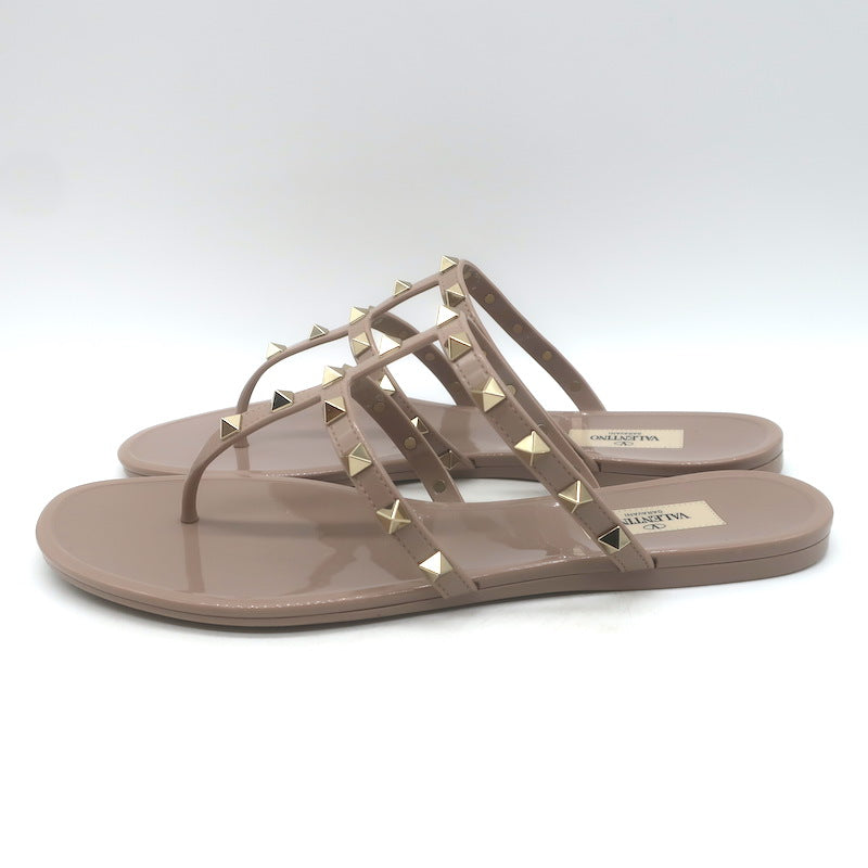 Valentino Rockstud T-Strap Flat Rubber Sandals Poudre Size 41