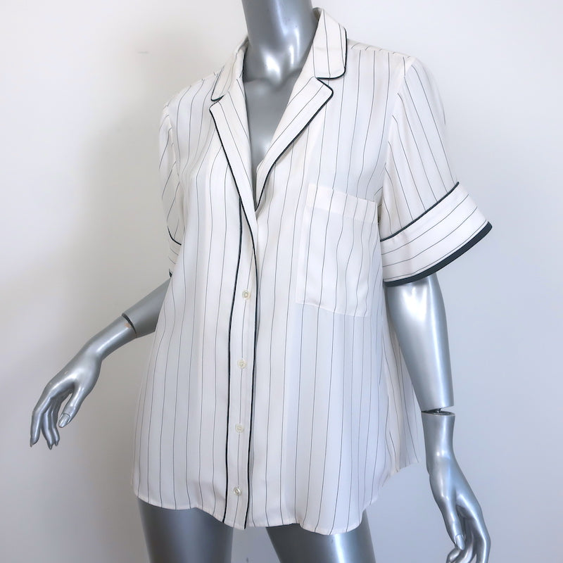 FRAME Pajama Shirt White &amp; Navy Pinstripe Silk Size Medium Short Sleeve Top