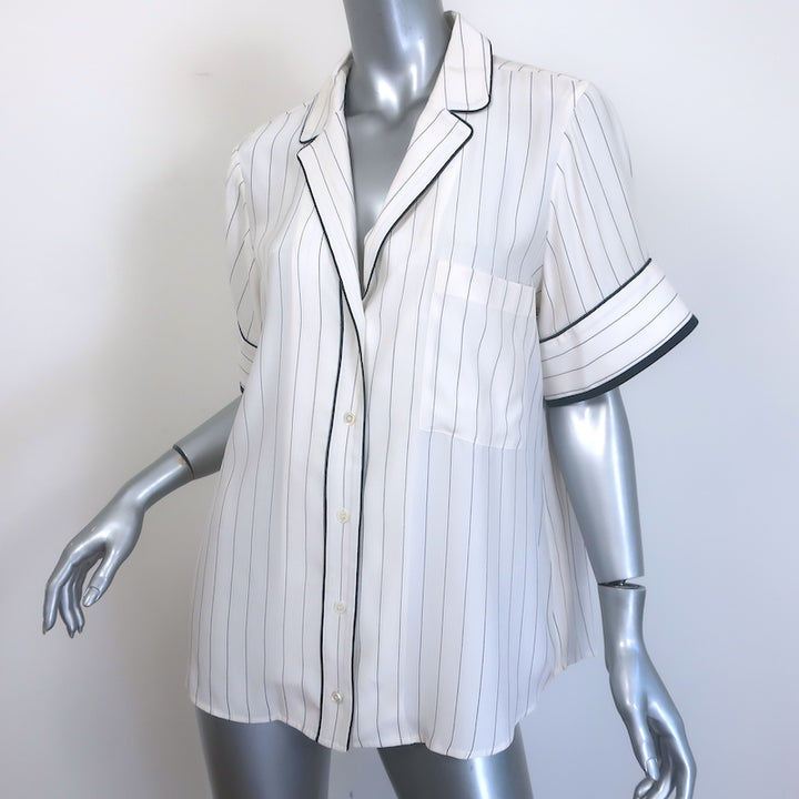 FRAME Pajama Shirt White &amp; Navy Pinstripe Silk Size Medium Short Sleeve Top