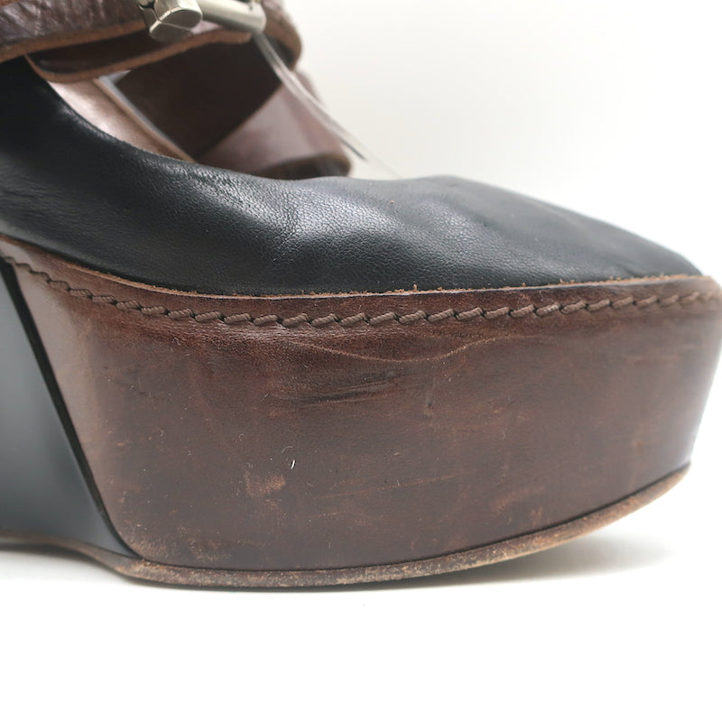 Marni Buckled Wedge Pumps Black &amp; Brown Leather Size 38 Peep Toe Heels