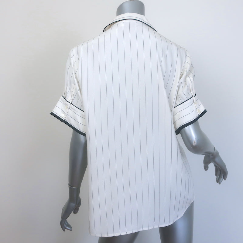 FRAME Pajama Shirt White &amp; Navy Pinstripe Silk Size Medium Short Sleeve Top