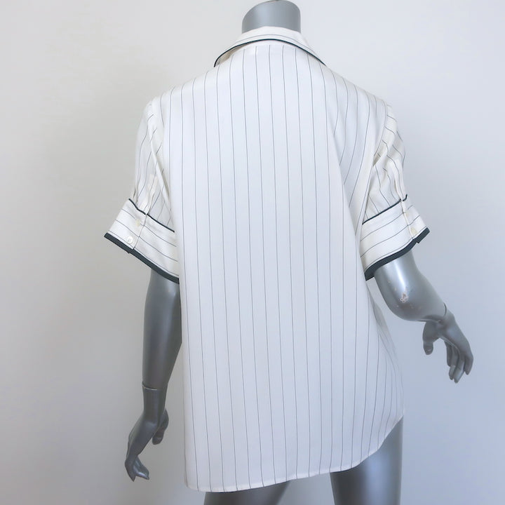 FRAME Pajama Shirt White &amp; Navy Pinstripe Silk Size Medium Short Sleeve Top