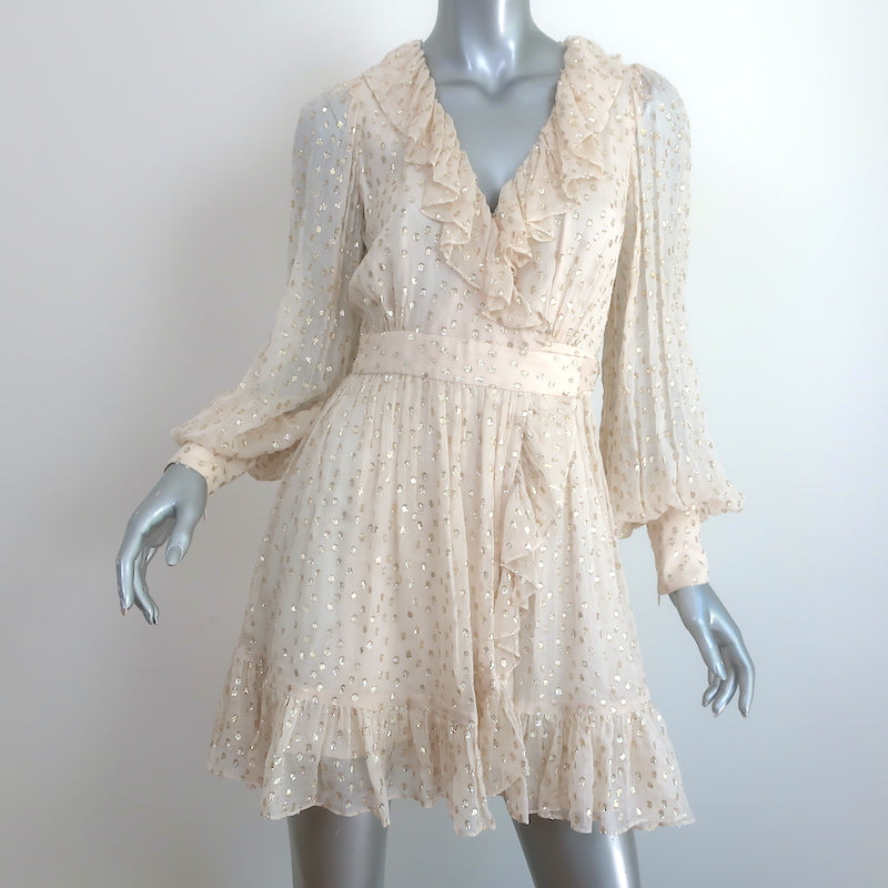 Zimmermann Lurex Polka Dot Mini Wrap Dress Ecru/Gold Crinkled Chiffon Celebrity Owned Zimmermann Lurex Polka Dot Mini Wrap Dress Ecru/Gold Crinkled Chiffon Celebrity Owned