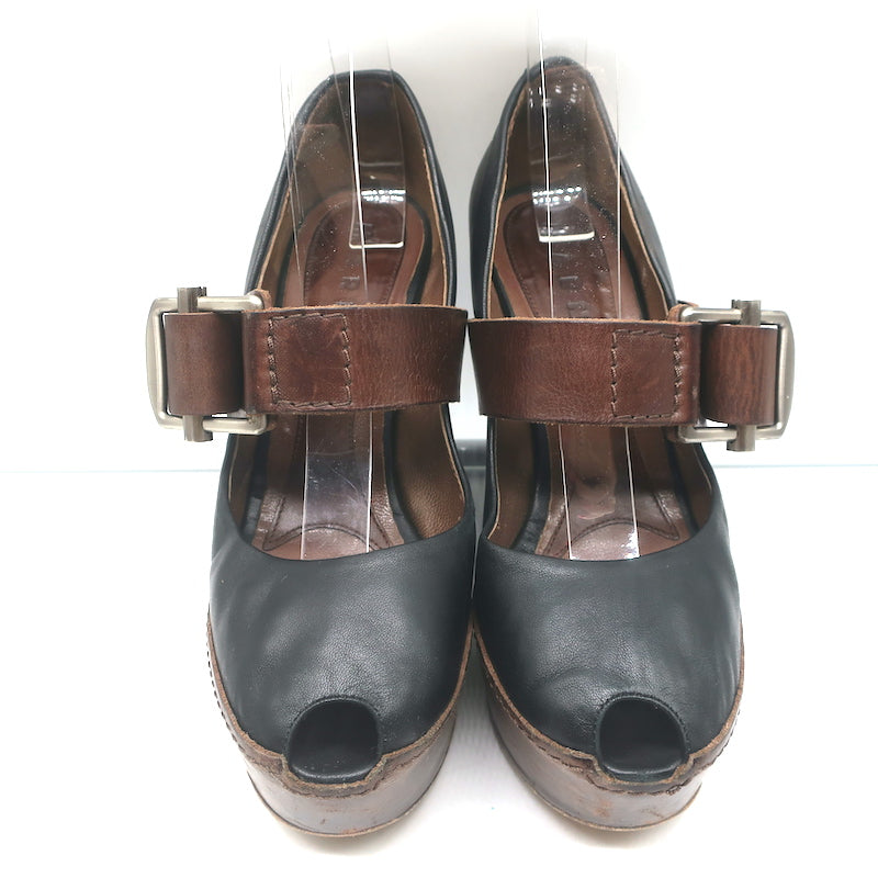 Marni Buckled Wedge Pumps Black &amp; Brown Leather Size 38 Peep Toe Heels