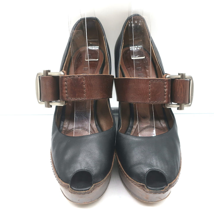 Marni Buckled Wedge Pumps Black &amp; Brown Leather Size 38 Peep Toe Heels