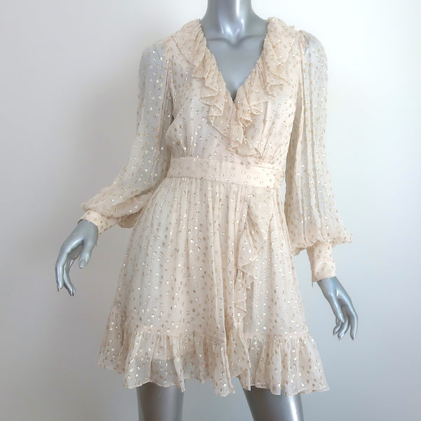 green emerald velvet dress Zimmermann Lurex Polka Dot Mini Wrap Dress Ecru/Gold Crinkled Chiffon –  Celebrity Owned