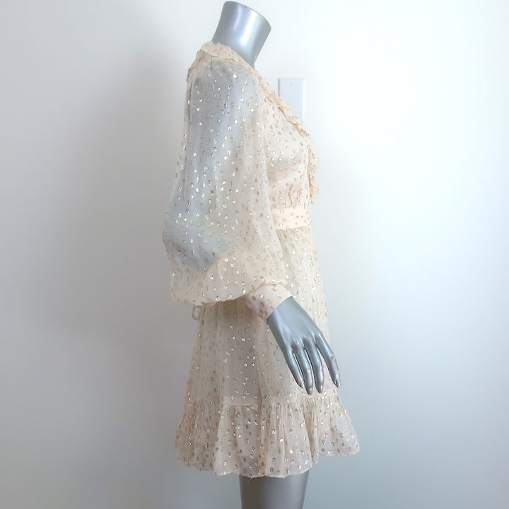 Zimmermann Lurex Polka Dot Mini Wrap Dress Ecru/Gold Crinkled Chiffon Size 0