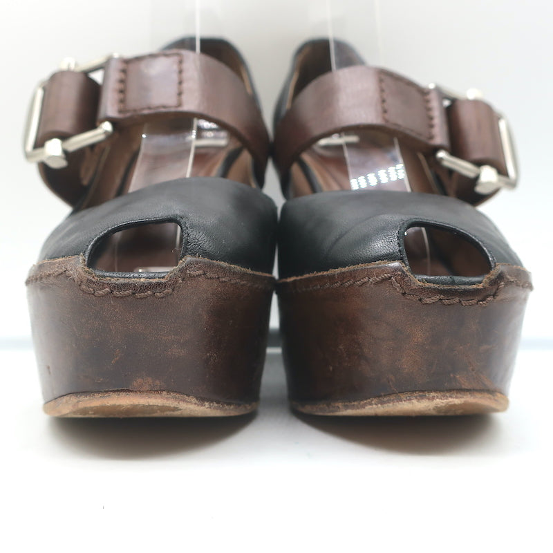 Marni Buckled Wedge Pumps Black &amp; Brown Leather Size 38 Peep Toe Heels