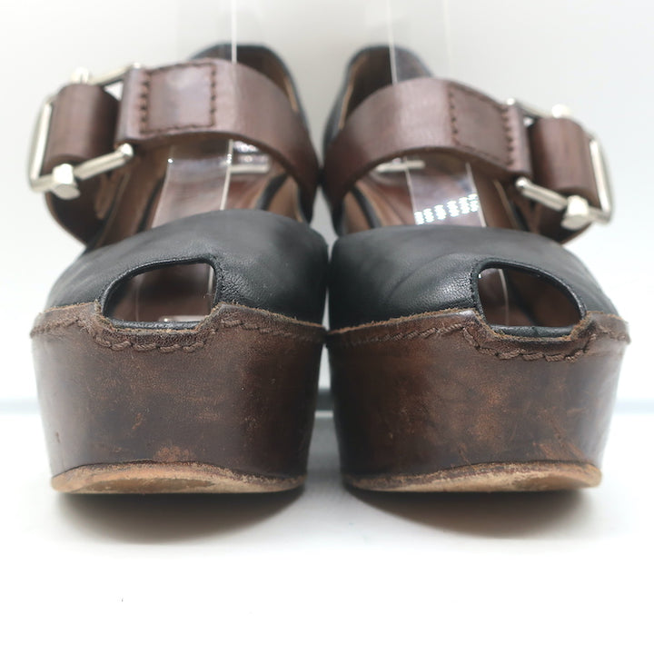 Marni Buckled Wedge Pumps Black &amp; Brown Leather Size 38 Peep Toe Heels