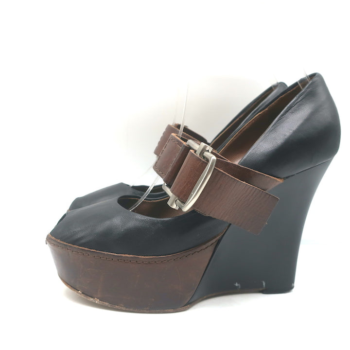 Marni Buckled Wedge Pumps Black &amp; Brown Leather Size 38 Peep Toe Heels