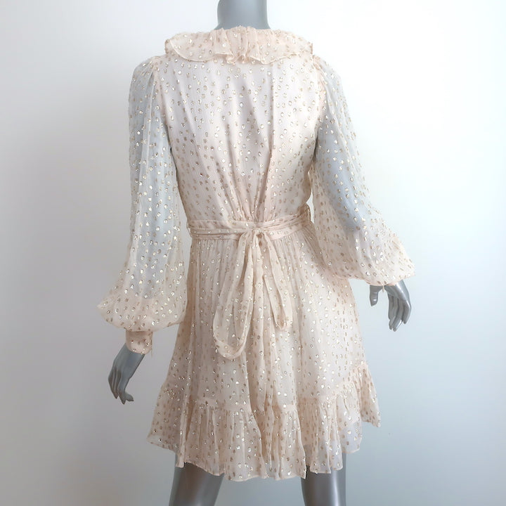 Zimmermann Lurex Polka Dot Mini Wrap Dress Ecru/Gold Crinkled Chiffon Size 0