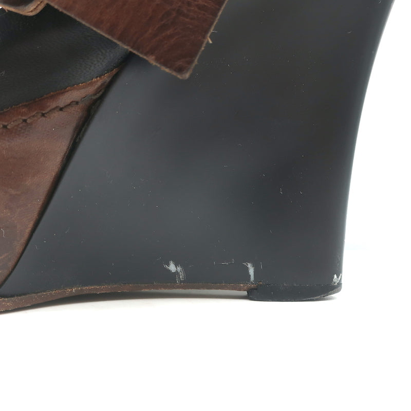 Marni Buckled Wedge Pumps Black &amp; Brown Leather Size 38 Peep Toe Heels