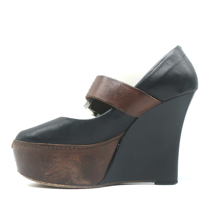 Marni Buckled Wedge Pumps Black &amp; Brown Leather Size 38 Peep Toe Heels
