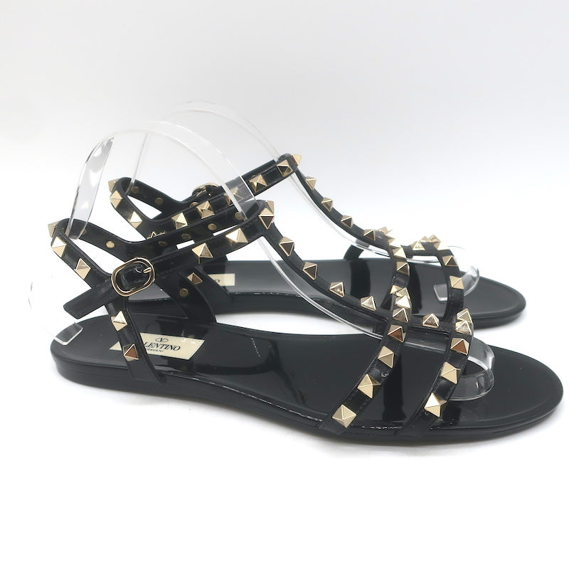 Valentino Rockstud Ankle Strap Flat Rubber Sandals Black Size 40