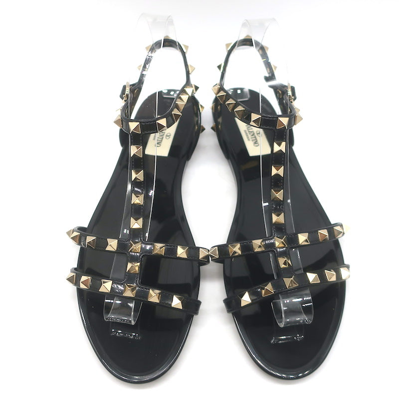 Valentino Rockstud Ankle Strap Flat Rubber Sandals Black Size 40