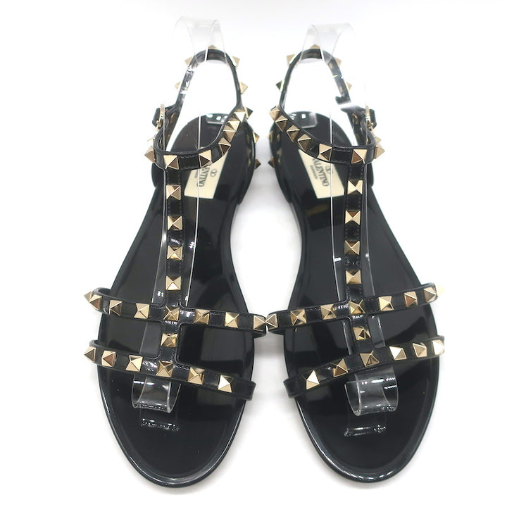 Valentino Rockstud Ankle Strap Flat Rubber Sandals Black Size 40