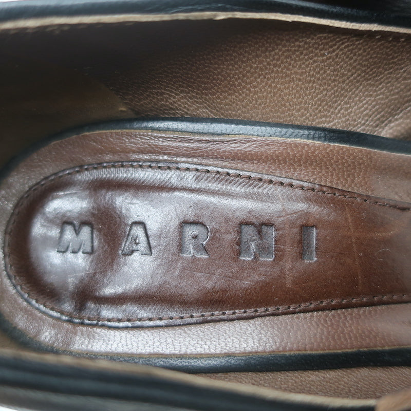 Marni Buckled Wedge Pumps Black &amp; Brown Leather Size 38 Peep Toe Heels