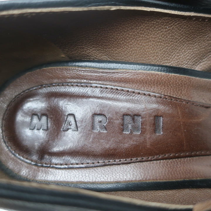 Marni Buckled Wedge Pumps Black &amp; Brown Leather Size 38 Peep Toe Heels