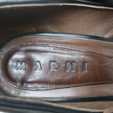 Marni Buckled Wedge Pumps Black & Brown Leather Size 38 Peep Toe Heels