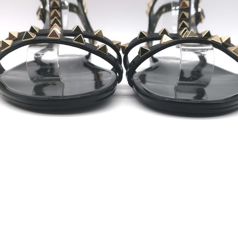 Valentino Rockstud Ankle Strap Flat Rubber Sandals Black Size 40