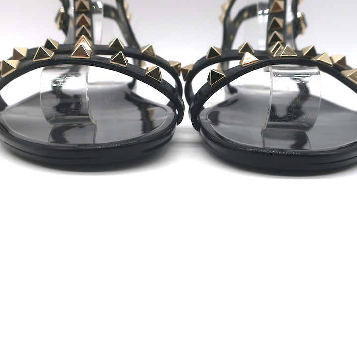 Valentino Rockstud Ankle Strap Flat Rubber Sandals Black Size 40