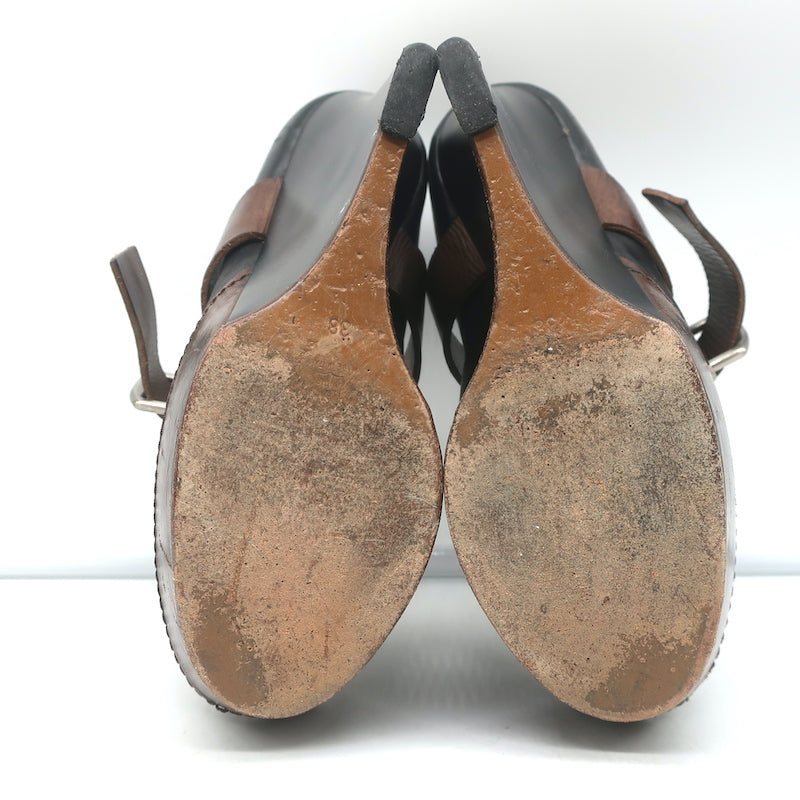 Marni Buckled Wedge Pumps Black &amp; Brown Leather Size 38 Peep Toe Heels