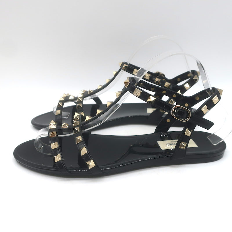Valentino Rockstud Ankle Strap Flat Rubber Sandals Black Size 40