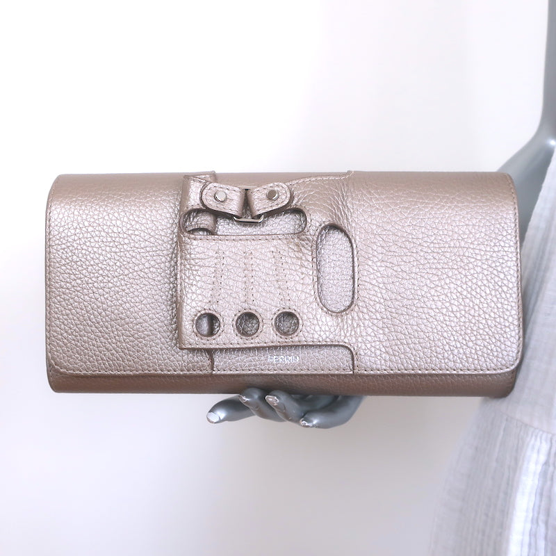 Perrin Le Cabriolet Glove Clutch Light Gold / Beige Metallic Grained Leather NEW