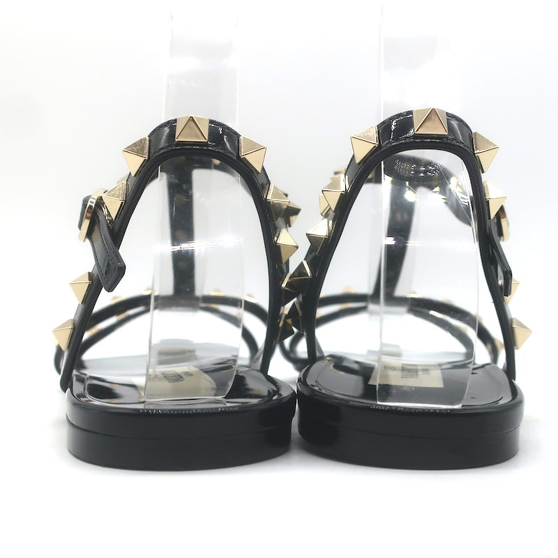 Valentino Rockstud Ankle Strap Flat Rubber Sandals Black Size 40