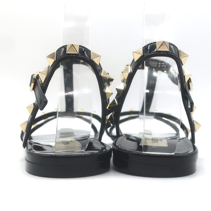 Valentino Rockstud Ankle Strap Flat Rubber Sandals Black Size 40