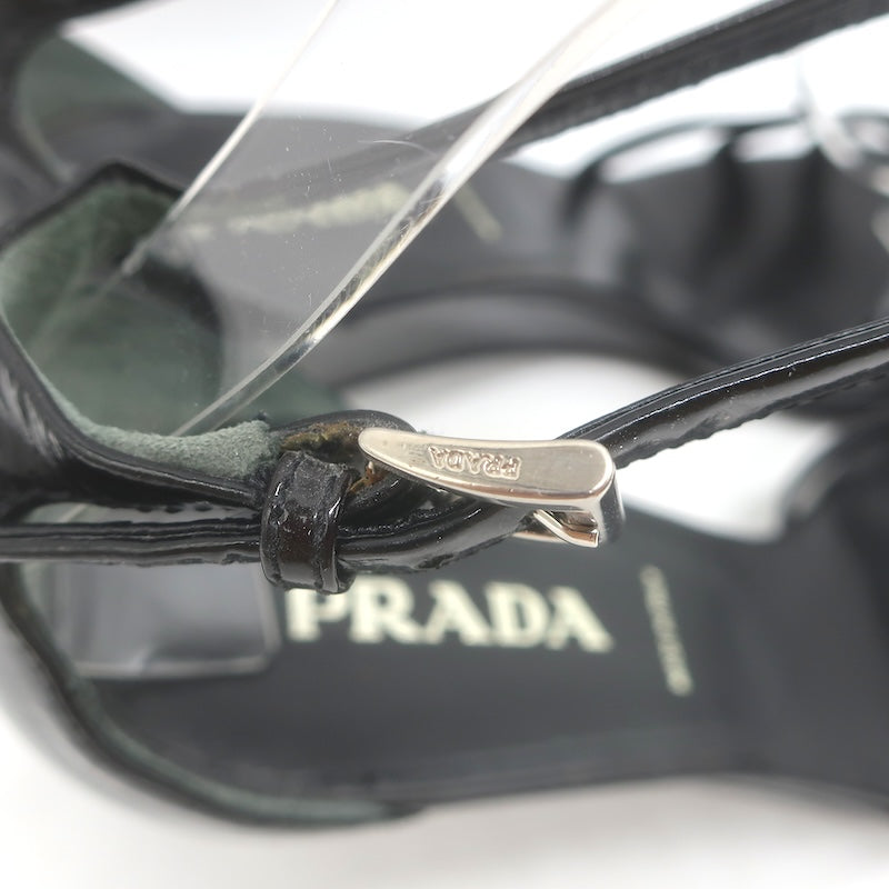 Vintage Prada Ankle Strap Wedge Sandals Black Patent Leather Size 38