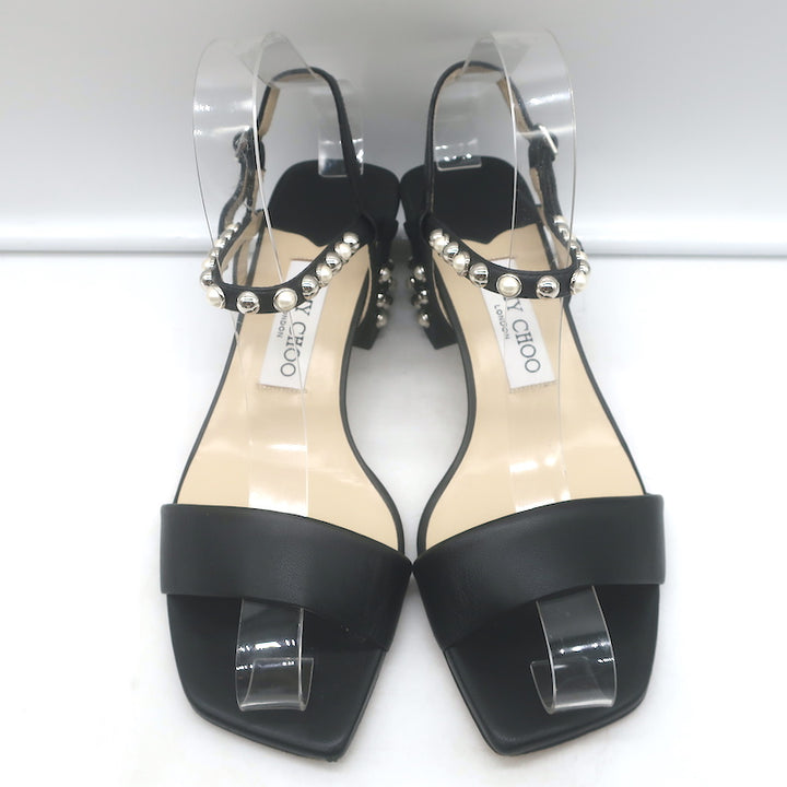 Jimmy Choo Aadra Faux Pearl-Studded Low Heel Sandals Black Leather Size 38