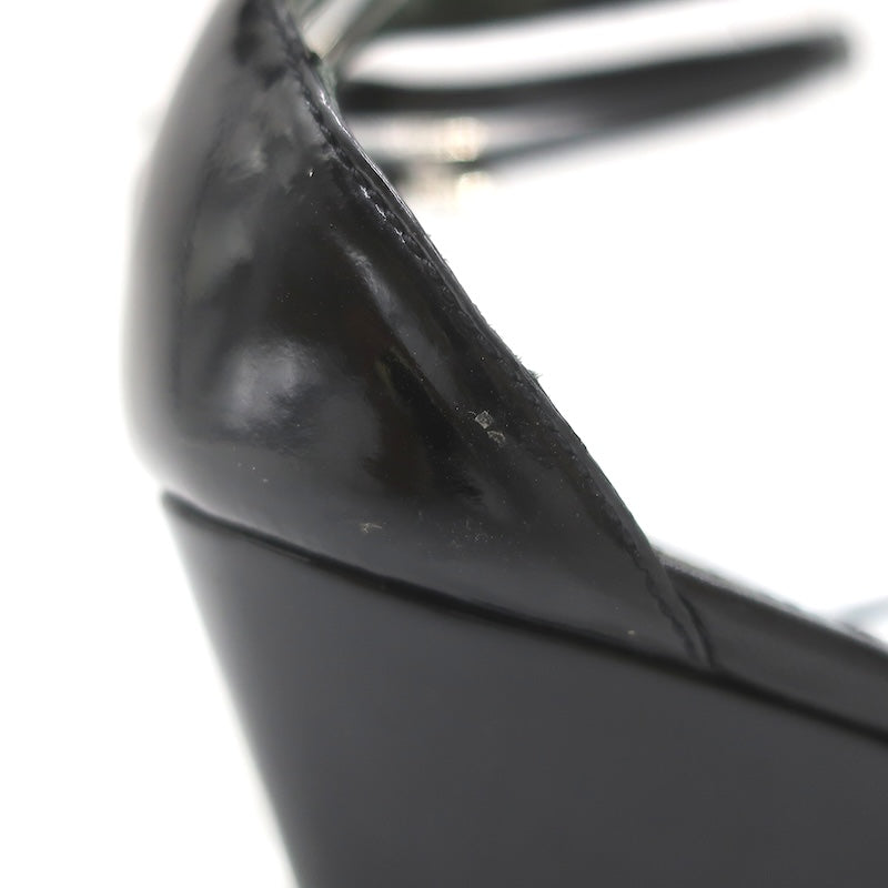 Vintage Prada Ankle Strap Wedge Sandals Black Patent Leather Size 38