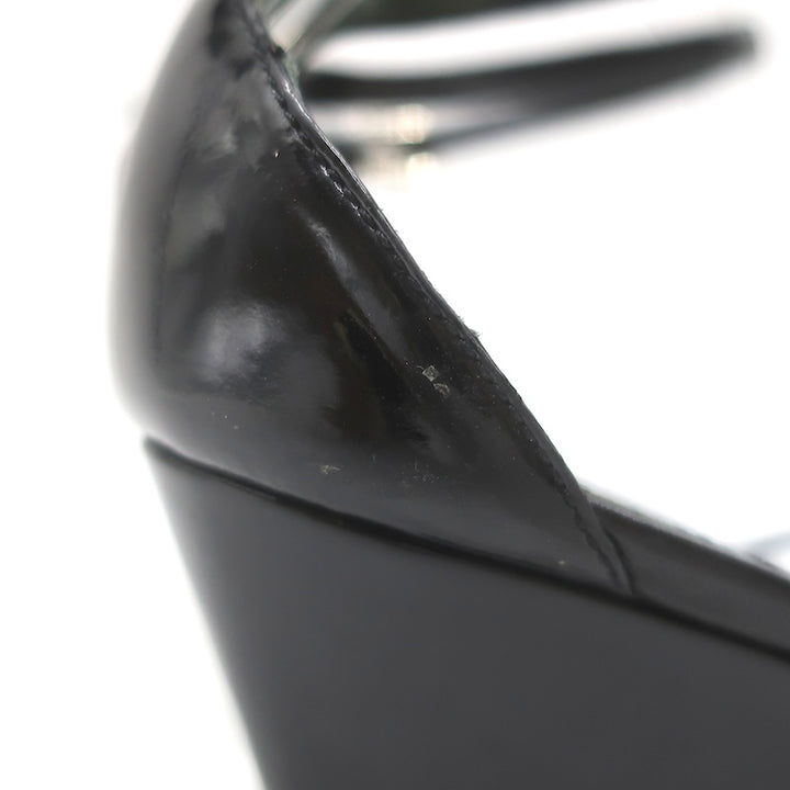 Vintage Prada Ankle Strap Wedge Sandals Black Patent Leather Size 38