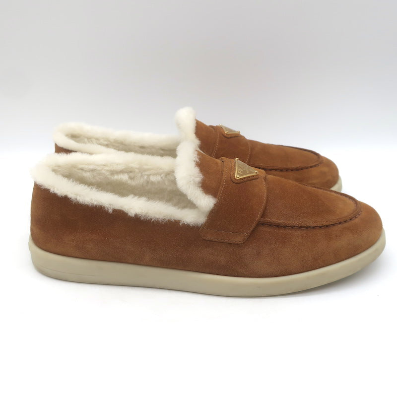 Prada Shearling-Lined Loafers Caramel Brown Suede Size 39