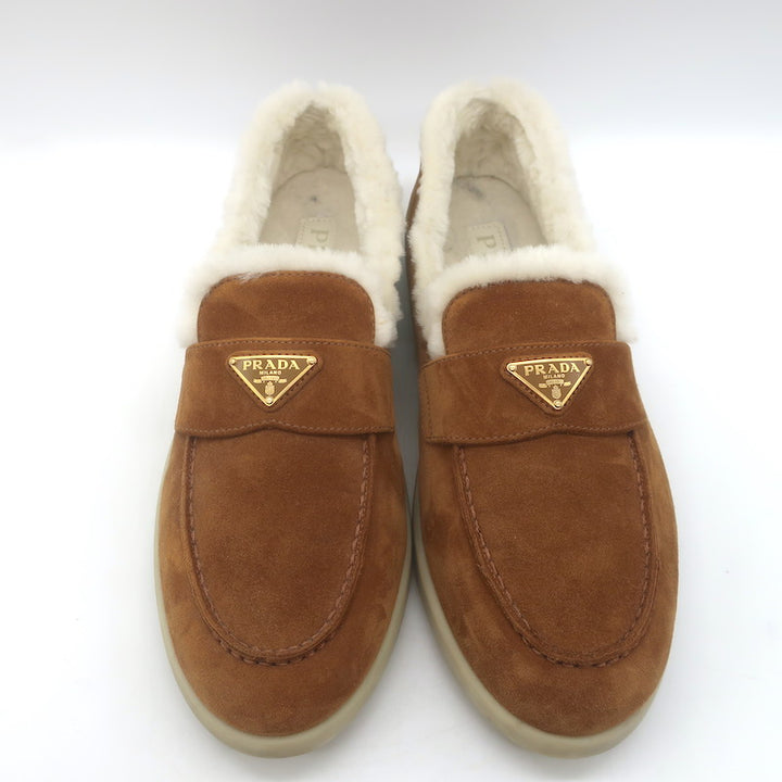 Prada Shearling-Lined Loafers Caramel Brown Suede Size 39