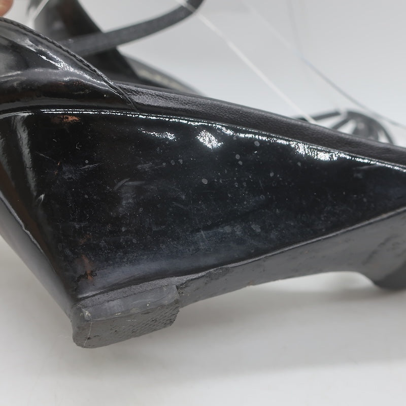 Vintage Prada Ankle Strap Wedge Sandals Black Patent Leather Size 38
