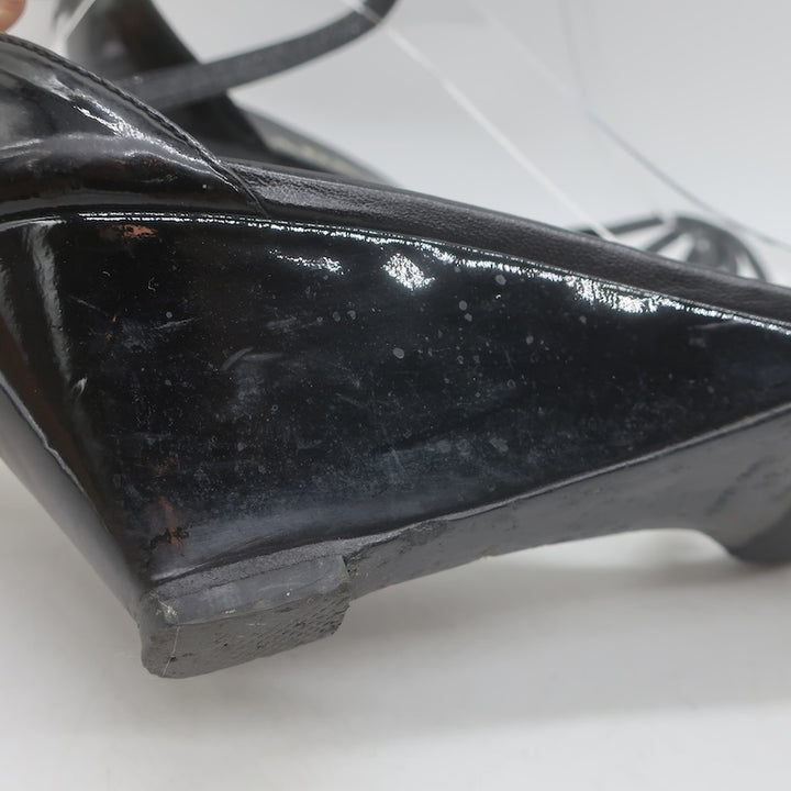Vintage Prada Ankle Strap Wedge Sandals Black Patent Leather Size 38