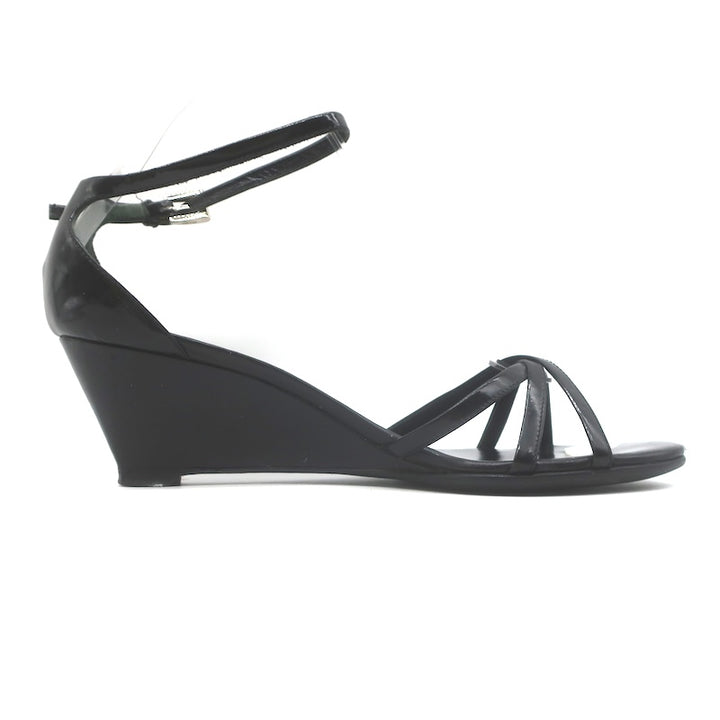 Vintage Prada Ankle Strap Wedge Sandals Black Patent Leather Size 38