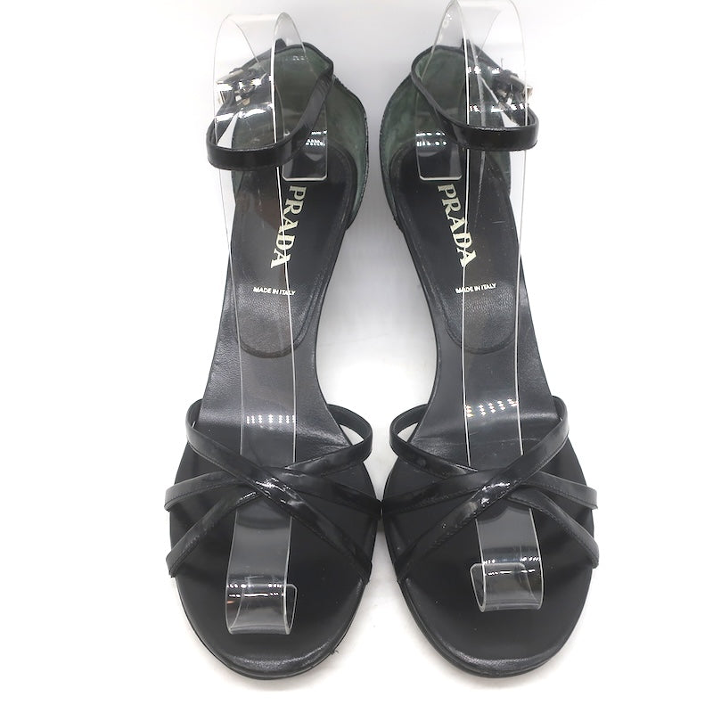 Vintage Prada Ankle Strap Wedge Sandals Black Patent Leather Size 38