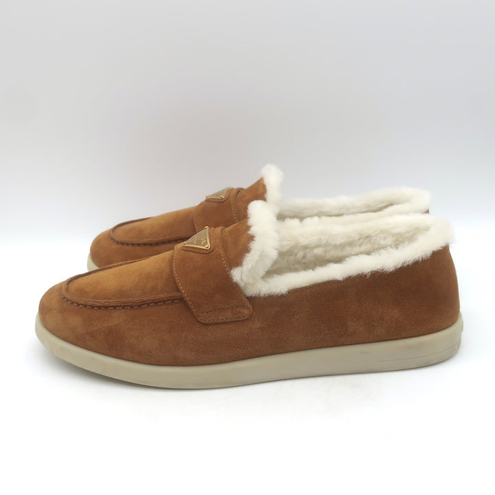 Prada Shearling-Lined Loafers Caramel Brown Suede Size 39