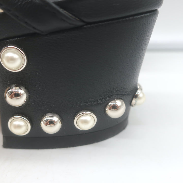 Jimmy Choo Aadra Faux Pearl-Studded Low Heel Sandals Black Leather Size 38