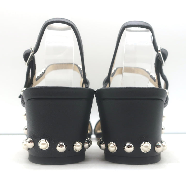 Jimmy Choo Aadra Faux Pearl-Studded Low Heel Sandals Black Leather Size 38
