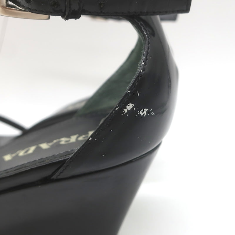 Vintage Prada Ankle Strap Wedge Sandals Black Patent Leather Size 38