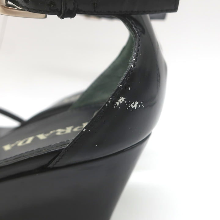 Vintage Prada Ankle Strap Wedge Sandals Black Patent Leather Size 38