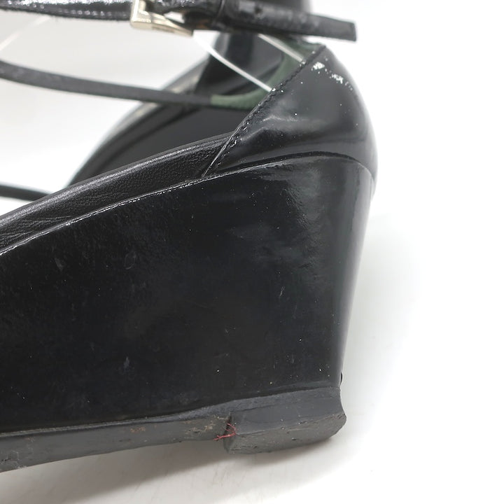Vintage Prada Ankle Strap Wedge Sandals Black Patent Leather Size 38