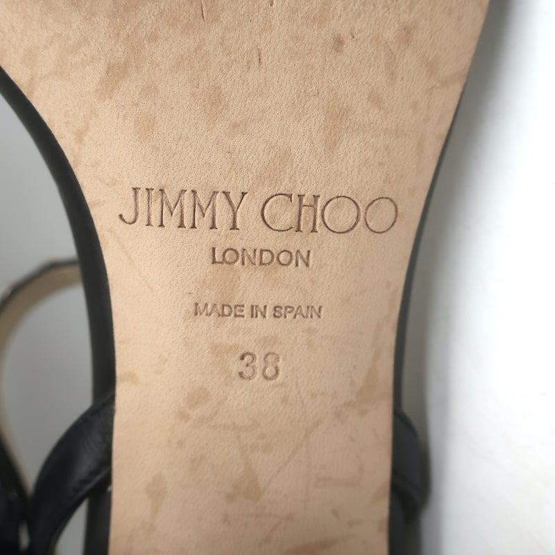 Jimmy Choo Aadra Faux Pearl-Studded Low Heel Sandals Black Leather Size 38