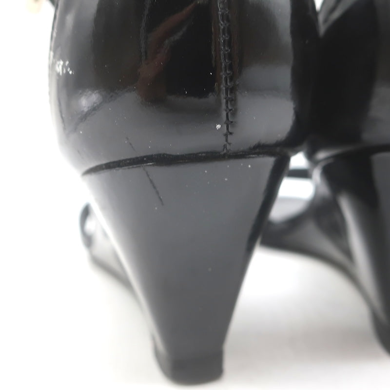 Vintage Prada Ankle Strap Wedge Sandals Black Patent Leather Size 38